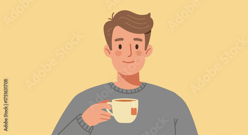 A charming illustration of a happy young man in a cozy sweater, enjoying a warm cup of tea and relaxing during his break