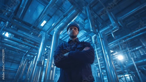 Wallpaper Mural Power and Precision: An engineer, arms crossed confidently, stands amidst an intricate network of industrial pipes, conveying expertise and precision. Torontodigital.ca