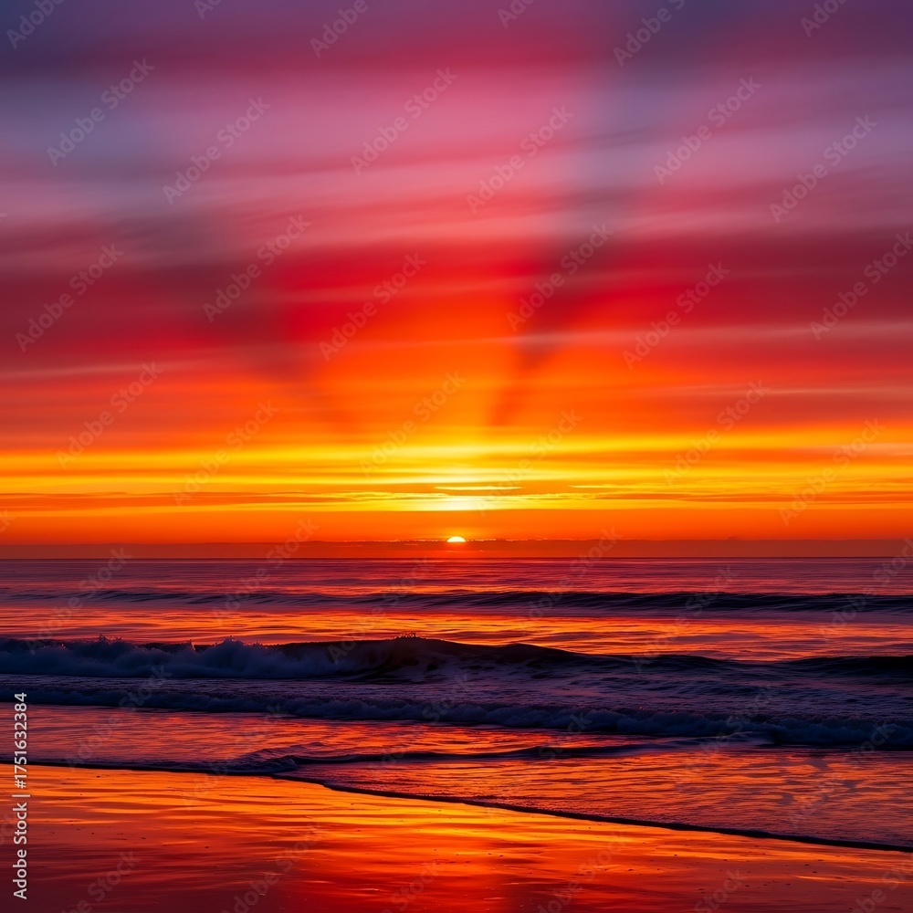 Fototapeta premium Fiery Sunset Over the Ocean - A Breathtaking Coastal Landscape.