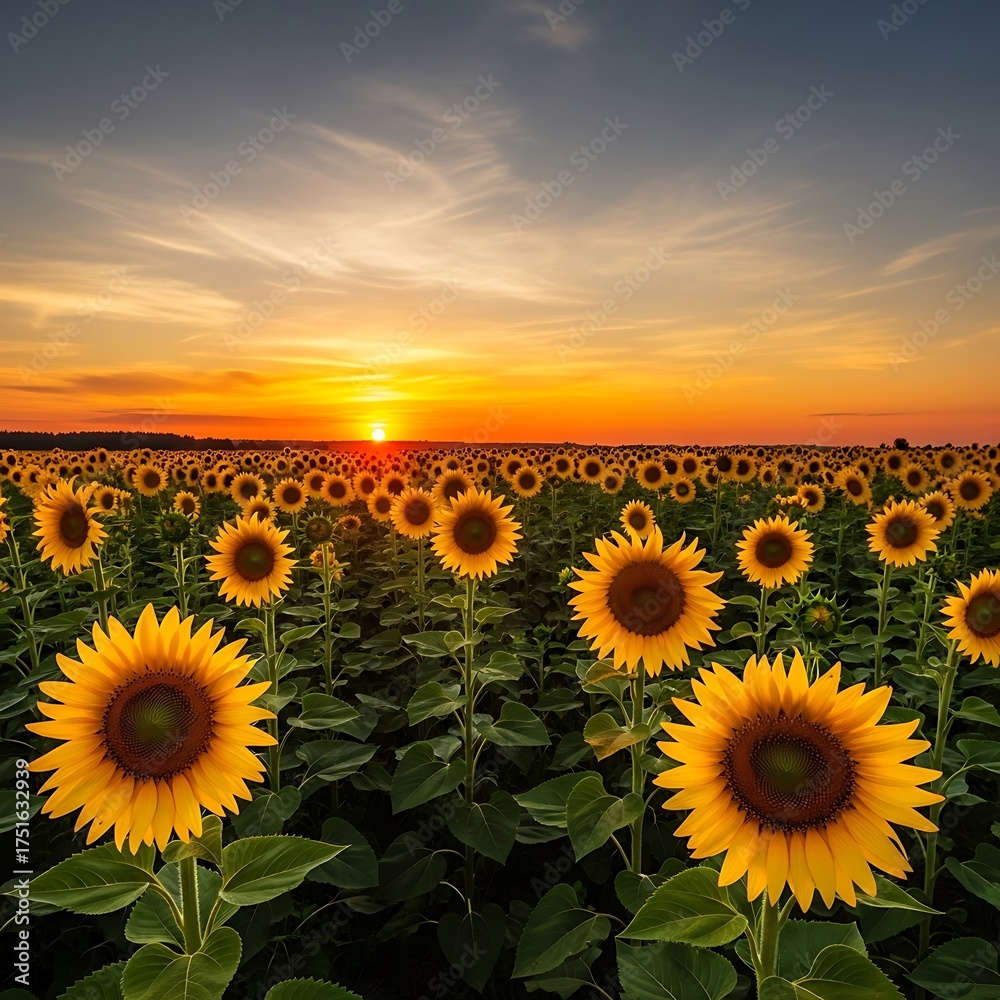Obraz premium Sunflower Field at Sunset - A Golden Horizon of Blooms.