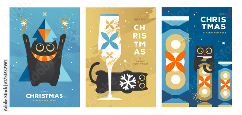 Set of Christmas holiday flat posters with funny cats, champagne glass, Christmas tree and candies. Christmas greeting card design. Vector illustration
