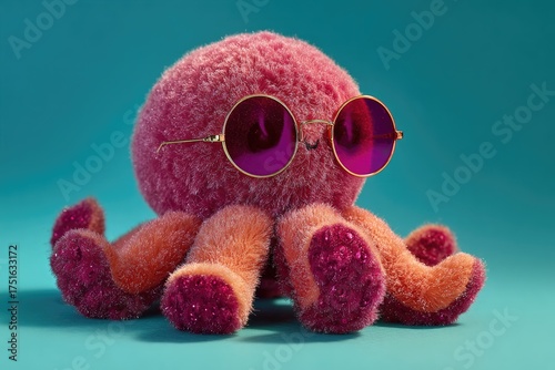 A fluffy, pink octopus wearing sunglasses