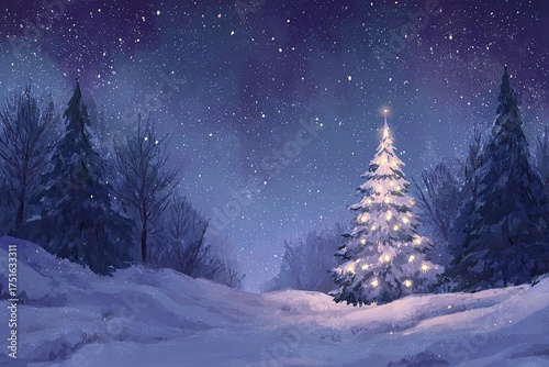 Winter wonderland with a snowy Christmas tree