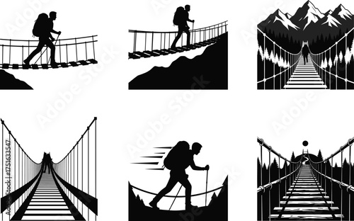Suspension bridge hiking vector illustration, outdoor adventure silhouette, forest and mountain exploration, black and white graphic art, nature travel concept design