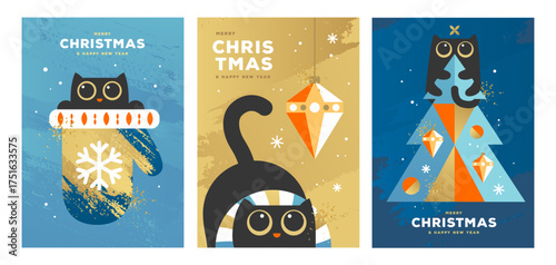 Set of Christmas holiday flat posters with funny cats, mitten, Christmas tree and baubles. Christmas greeting card design. Vector illustration