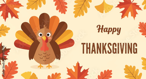 A cartoon turkey surrounded by colorful autumn leaves with a Happy Thanksgiving message on a beige background in a festive and seasonal flat lay composition.