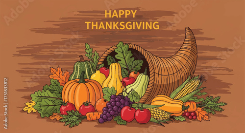 Flat vector illustration of a cornucopia overflowing with fruits, vegetables, and grains on a rustic background with a Happy Thanksgiving message in a warm, autumnal color palette.