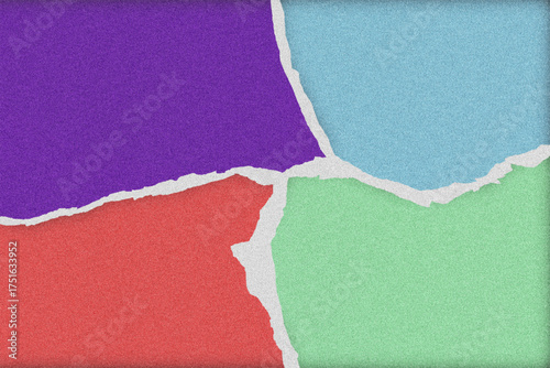 A vibrant collage of four torn pieces of colorful textured paper. Purple, blue, red, and green sections meet in the center, creating a dynamic abstract background with ripped edges