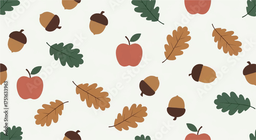 Flat vector illustration of a colorful Thanksgiving pattern featuring apples, acorns, and leaves on a cream background.