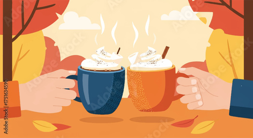 Flat vector illustration of two people enjoying steaming cups of coffee with whipped cream on a cozy autumn day with fallen leaves, evoking a warm and thankful atmosphere for thanksgiving.