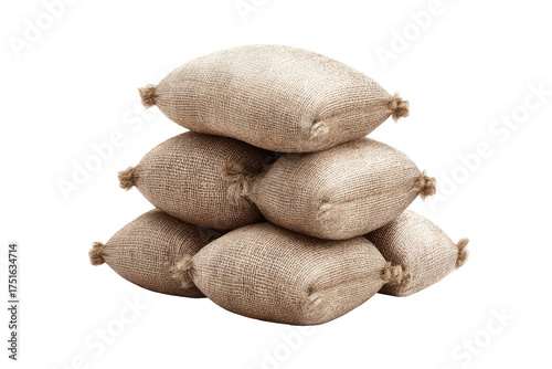 Stacked burlap sacks, light beige color, tied tightly
