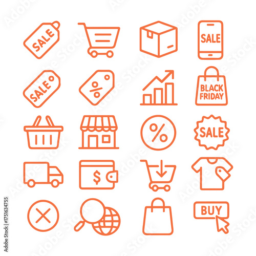 Black Friday Sale Shopping Icons Set – Flat Minimal Vector Style for E-Commerce and Discounts