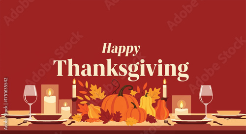 Flat vector illustration of a Thanksgiving dinner table setting with pumpkins and candles on a warm red background.