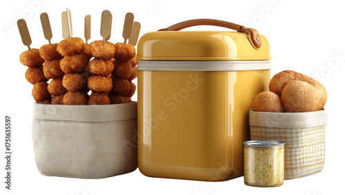 Isolated Yellow Food Carrier with Snacks on Transparent Background