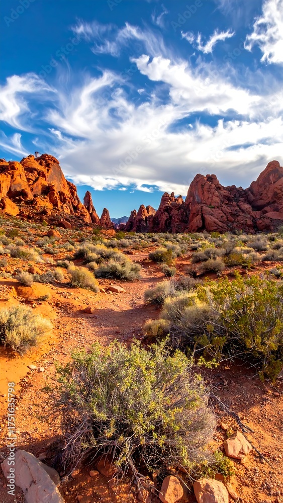 Obraz premium Red rock formations under a vibrant blue sky with white, fluffy clouds