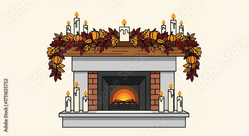 Flat vector illustration of a cozy fireplace with autumnal decorations and candles for a thanksgiving celebration.