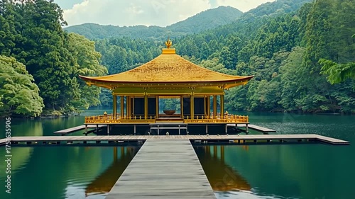 Golden Asian temple structure with wooden boardwalk on tranquil lake surrounded by lush green forest distant mountains for peace harmony cultural travel spiritual landscape concept