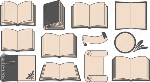 Illustration of Open Books, Scroll, Ribbon Banner, and Blank Round Frame for Text
