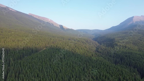Cinematic drone footage flying through a remote mountain pass at dawn. The morning light catches the treetops, highlighting the rugged terrain and hazy, distant peaks.