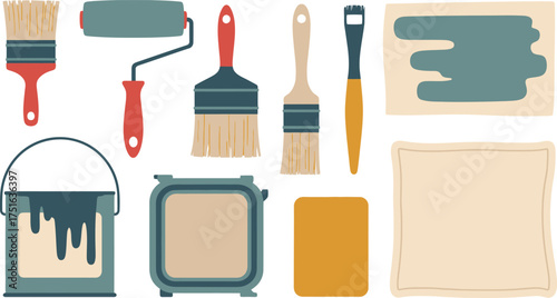 Painting Supplies Illustration Brushes, Roller, Paint Bucket, Sponge, Swatch Samples, Drop Cloth on White