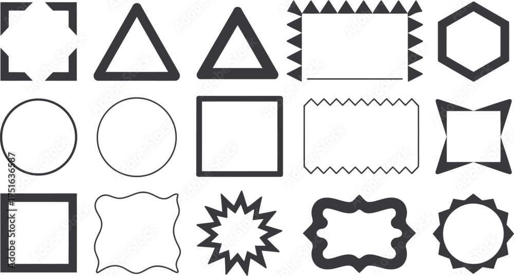 Fototapeta premium Variety of Geometric Shape Illustrations Circles, Triangles, Squares, Hexagons, and Starbursts on White Background