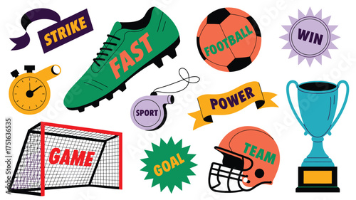Sports Equipment and Game Elements Football, Helmet, Trophy, Soccer Shoe, Goal, Stopwatch, and Ribbons Illustration