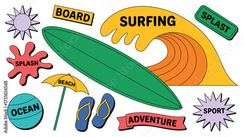 Surfing Cartoon Illustration Green Board, Ocean Wave, Beach Umbrella, and Summer Adventure Vibes on White
