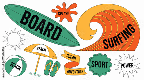 Vibrant Beach Day Clipart Featuring Surfboard, Wave, Umbrella, and Summer Vacation Elements for Design Projects