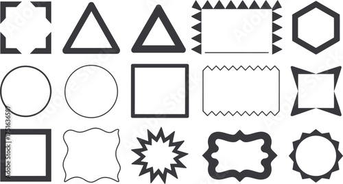 Variety of Geometric Shape Illustrations Circles, Triangles, Squares, Hexagons, and Starbursts on White Background