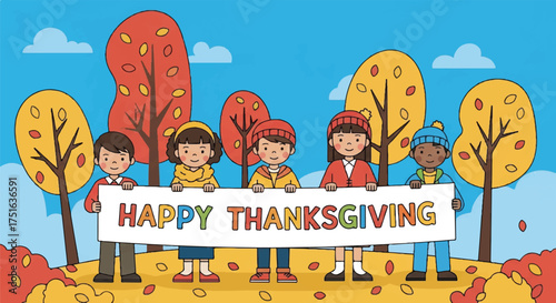 Flat vector illustration of diverse children standing together holding a Happy Thanksgiving banner amidst autumn trees with colorful leaves on a bright blue background.