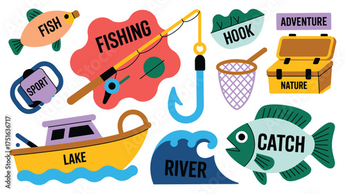 Whimsical Fishing Illustration Boat, Fish, Rod, Hook, Net, and Tackle Box Elements on White