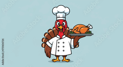 Flat vector illustration of a cheerful turkey wearing a chef's hat and coat, holding a platter with a roasted turkey on a green plate, against a light blue background, perfect for