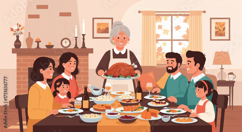 Flat vector illustration of a multi-generational family gathered around a table for a traditional thanksgiving meal in a cozy living room.