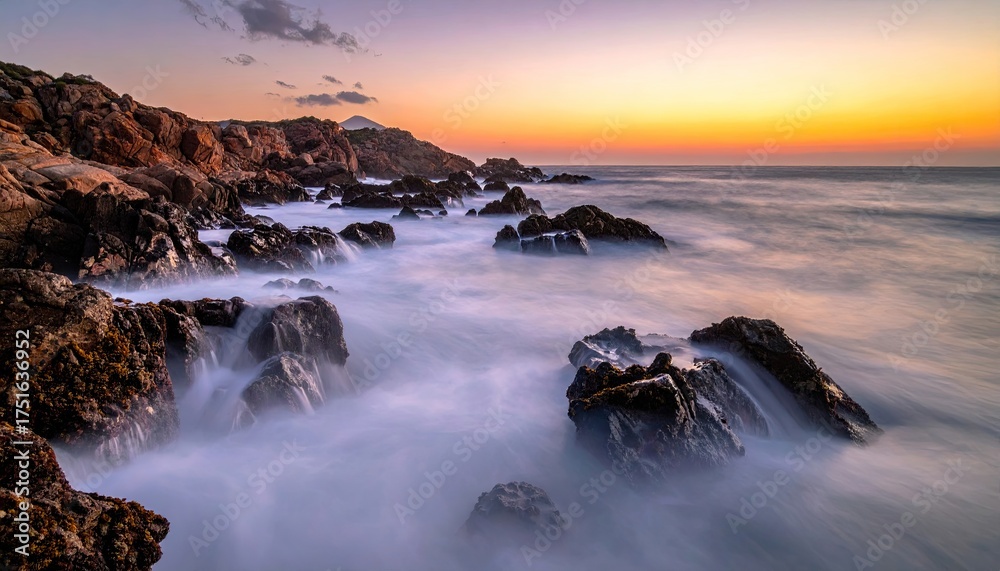 Fototapeta premium Coastal Rocky Shoreline At Sunset With Soft Ocean Waves and Orange Sky Over Calm Sea