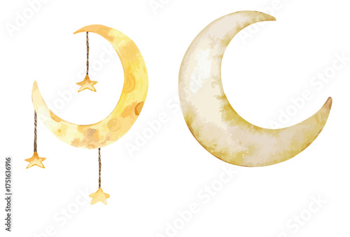 Watercolor composition in the lunar style. Moon with stars on ropes and flora elements. Image for design, printing, etc.