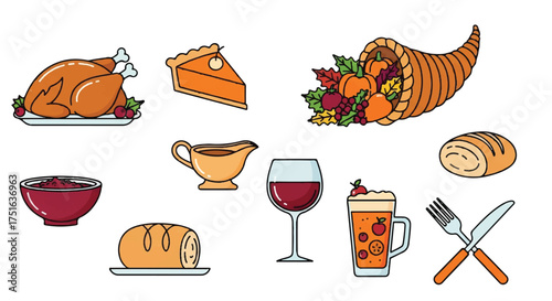 Flat vector illustration of a traditional Thanksgiving feast with roasted turkey, cornucopia, pumpkin pie, and various dishes on a clean white background.