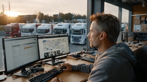 Trucker at Desk Monitoring Vehicle Fleet: A seasoned trucker meticulously navigates software on dual monitors, overseeing a fleet of trucks and trailers parked in a sunny lot.