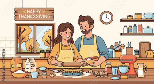 Flat vector illustration of a couple preparing a meal together in a kitchen with a Happy Thanksgiving sign, surrounded by food and baking utensils, conveying a warm and cozy atmosphere.
