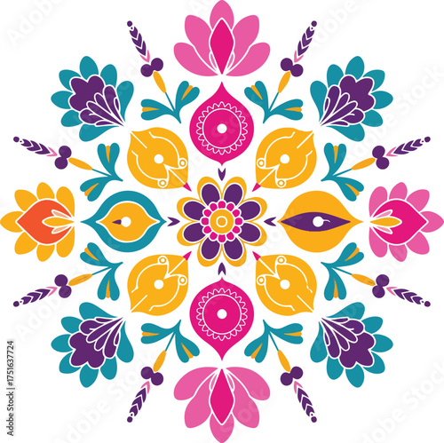 Colorful floral mandala design with symmetrical petals and vibrant hues
