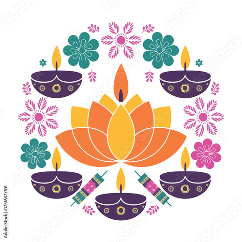 Colorful floral arrangement with lit lamps and celebratory elements for diwali