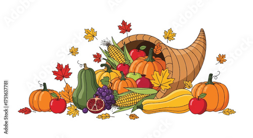 Flat vector illustration of a cornucopia overflowing with fruits and vegetables, surrounded by pumpkins and autumn leaves on a white background, symbolizing abundance and thanksgiving.