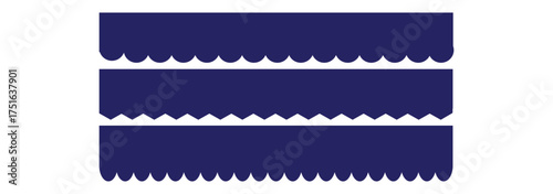 Scalloped edge seamless set. borders and dividers. Simple scalloped border. Repeat cute vintage frill ornament. Texture ribbons. stripe, tape collection isolated on white background.