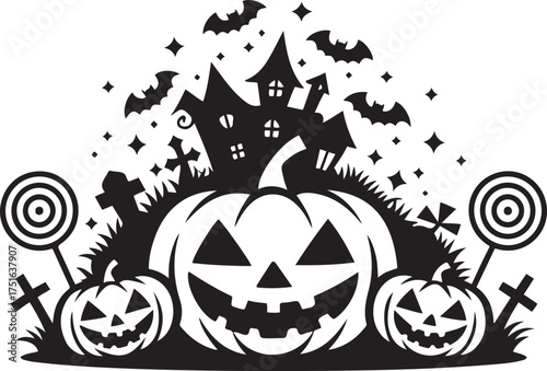 A spooky halloween scene with pumpkins bats and a haunted house