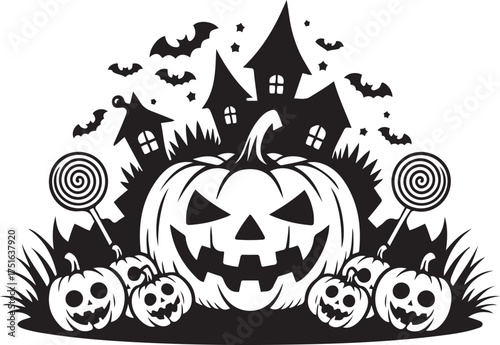 a spooky halloween scene with pumpkins haunted house and lollipops