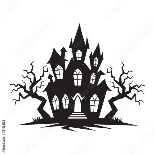 A spooky silhouette of a haunted house with gnarled tree branches
