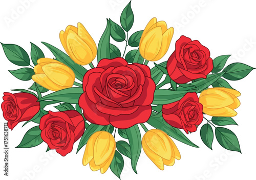 Beautiful red roses and yellow tulips floral arrangement elegant garden flowers blooming vector