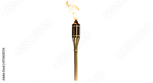 Lit tiki torch with a bright, flickering flame on black