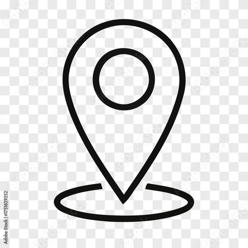 Black line art location pin marker icon with circular inner element against a transparent grid background map navigation symbol pinpoint destination geotag