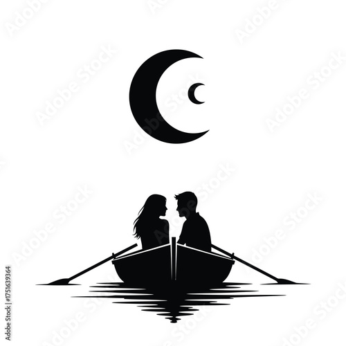 Couple in rowboat under crescent moon and reflection