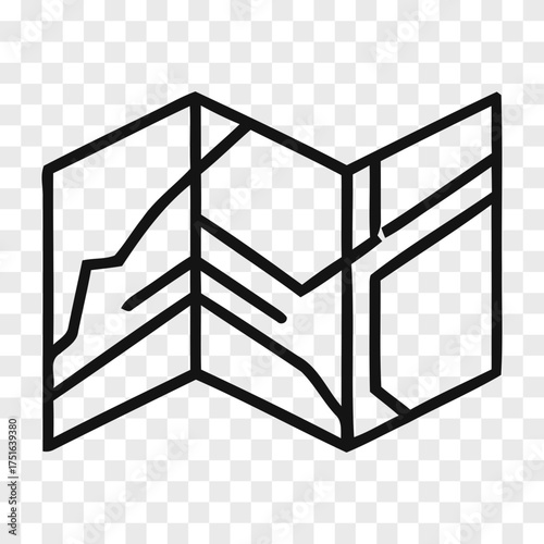 Black outline icon of an unfolded map with simple geometric lines on a transparent background travel navigation journey adventure explore direction route
